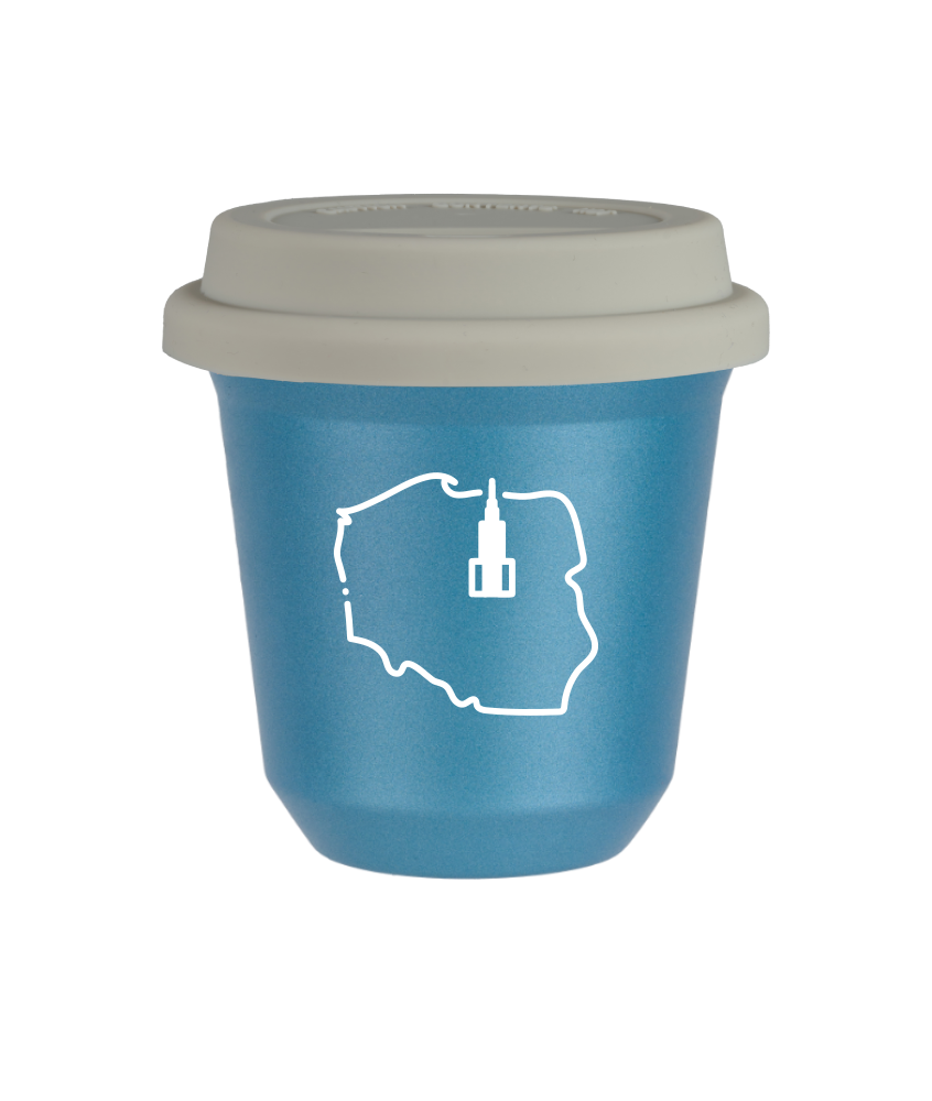 Tasse 240 ml BLEU CLAIR MÉTALLIQUE "Pologne (blanc)", avec couvercle blanc Tasse 240 ml BLEU CLAIR MÉTALLIQUE "Pologne (blanc)", avec couvercle blanc