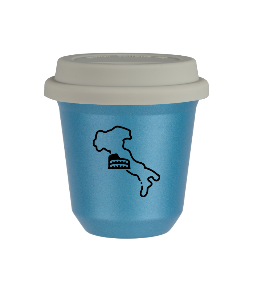 Tasse 240 ml BLEU CLAIR MÉTALLIQUE "Italie", avec couvercle blanc Tasse 240 ml BLEU CLAIR MÉTALLIQUE "Italie", avec couvercle blanc