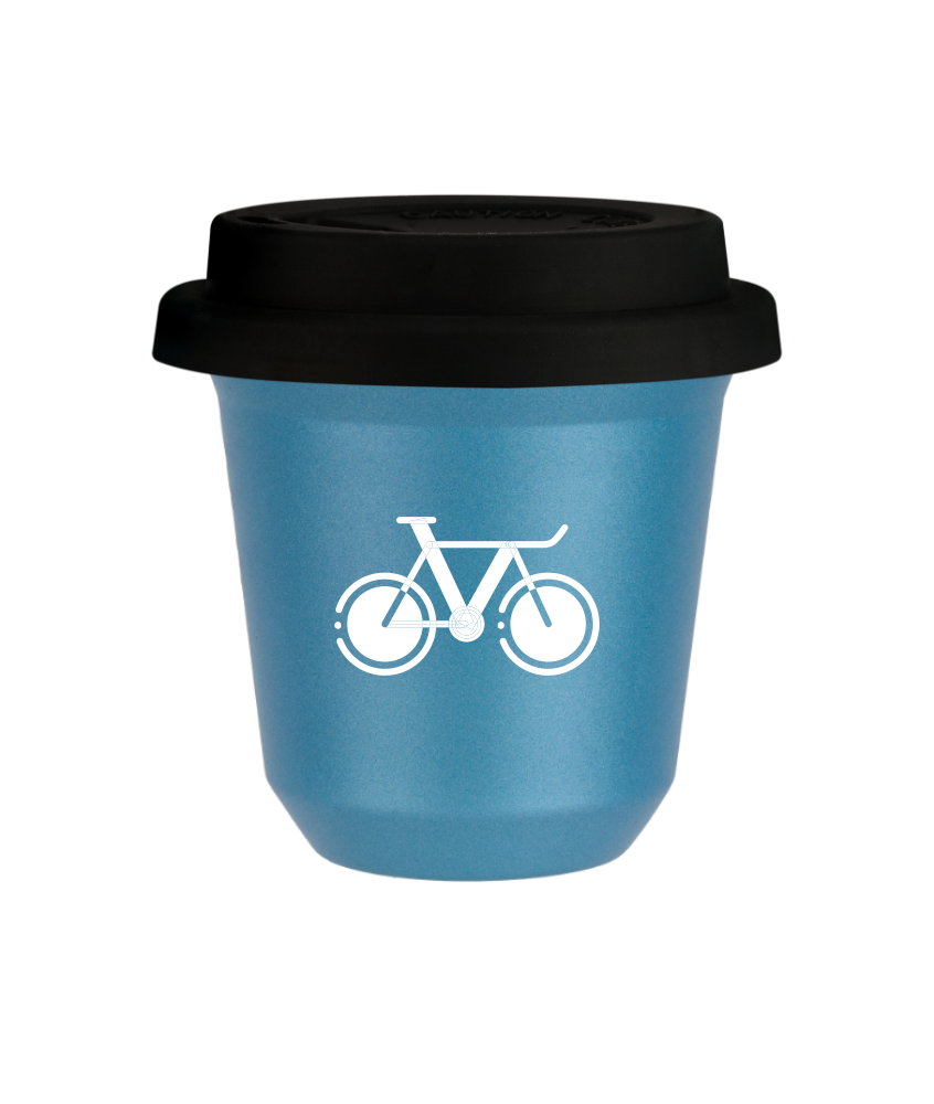 Tasse 240 ml BLEU CLAIR MÉTALLIQUE "Vélo 1 (blanc)", avec couvercle noir Tasse 240 ml BLEU CLAIR MÉTALLIQUE "Vélo 1 (blanc)", avec couvercle noir