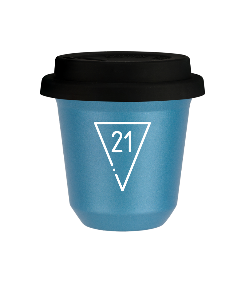 Tasse 240 ml BLEU CLAIR MÉTALLIQUE "21 (blanc)", avec couvercle noir