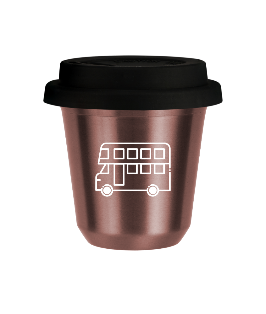 Tasse 240 ml OR ROSE "Bus (blanc)", avec couvercle noir Tasse 240 ml OR ROSE "Bus (blanc)", avec couvercle noir