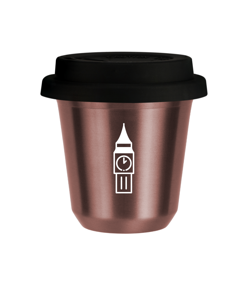 Tasse 240 ml OR ROSE "BIG BEN (blanc)", avec couvercle noir