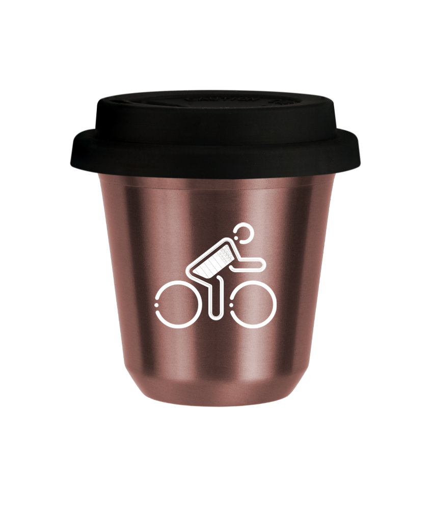 Tasse 240 ml OR ROSE "Cycliste aux couleurs britanniques (blanc)", avec couvercle noir Tasse 240 ml OR ROSE "Cycliste aux couleurs britanniques (blanc)", avec couvercle noir