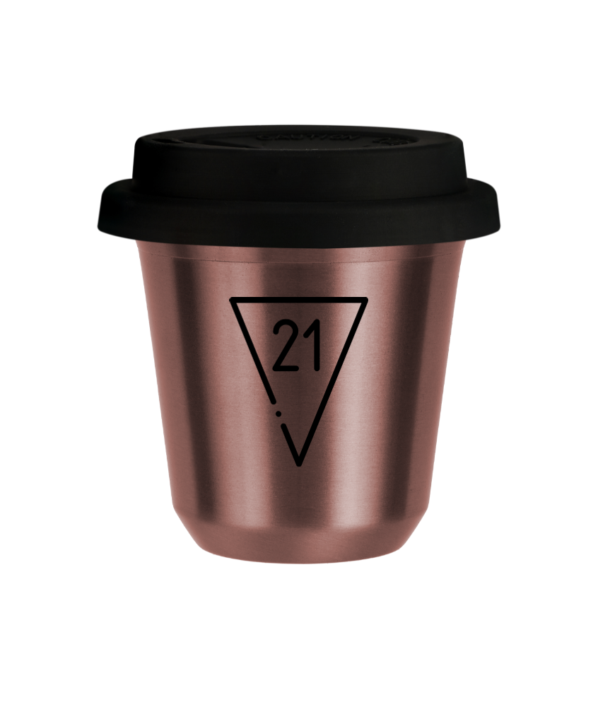 Tasse 240 ml OR ROSE "21", avec couvercle noir
