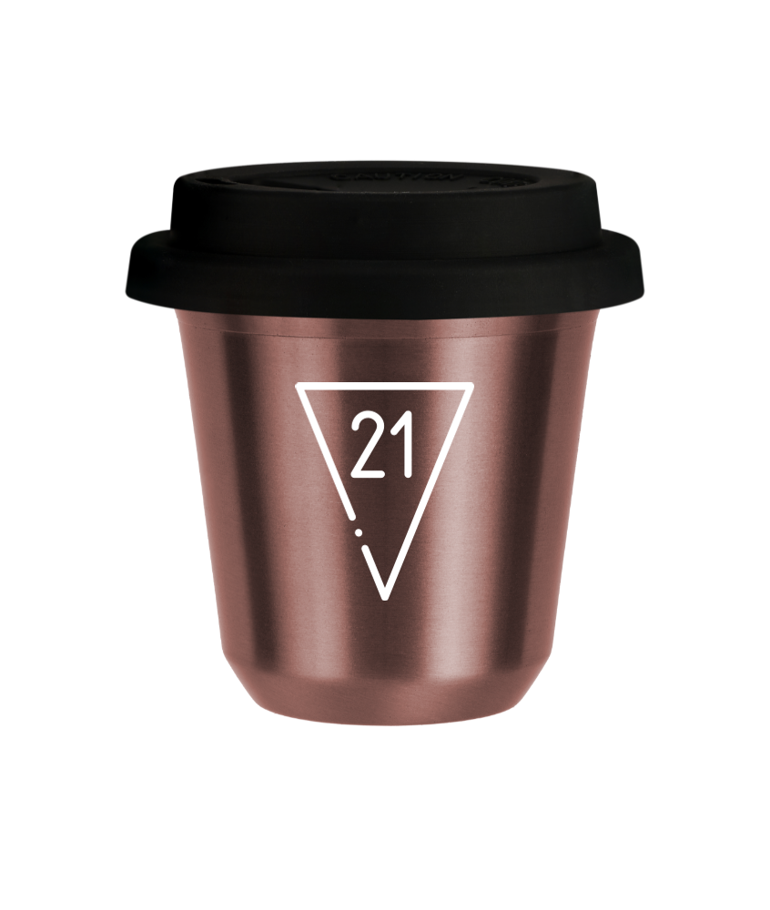 Tasse 240 ml OR ROSE "21 (blanc)", avec couvercle noir Tasse 240 ml OR ROSE "21 (blanc)", avec couvercle noir