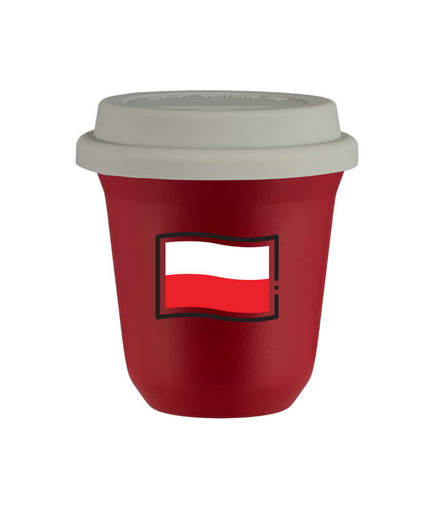 Tasse 240 ml ROUGE "Drapeau polonais (noir)", avec couvercle blanc