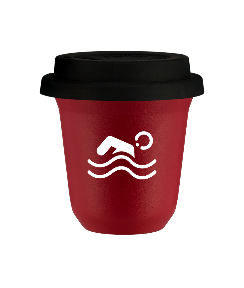 Tasse 240 ml ROUGE "Natation (blanc)", avec couvercle noir Tasse 240 ml ROUGE "Natation (blanc)", avec couvercle noir