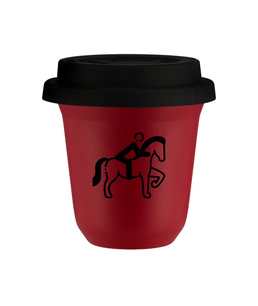 Tasse 240 ml ROUGE "Équitation 2", avec couvercle noir