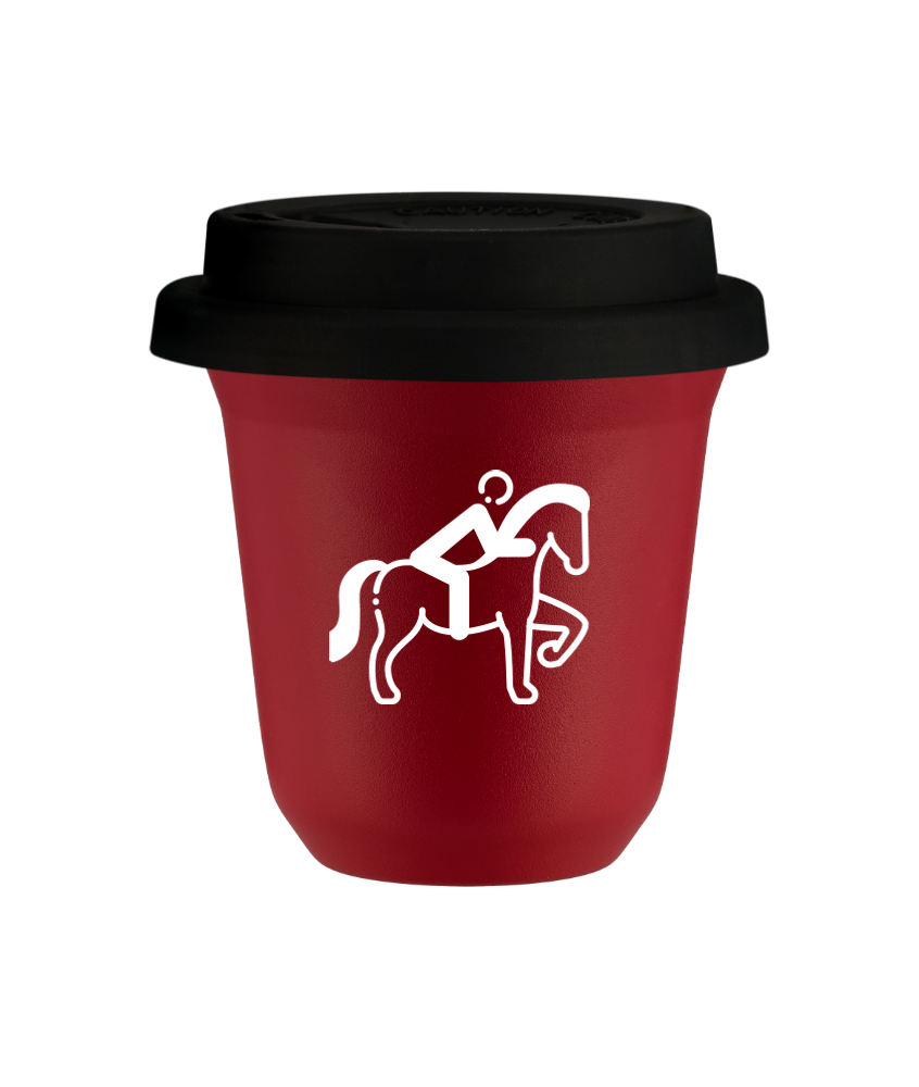 Tasse 240 ml ROUGE "Équitation 2 (blanc)", avec couvercle noir Tasse 240 ml ROUGE "Équitation 2 (blanc)", avec couvercle noir