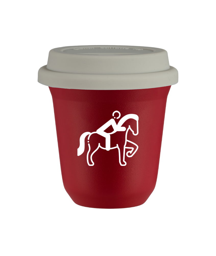 Tasse 240 ml ROUGE "Équitation 2 (blanc)", avec couvercle blanc Tasse 240 ml ROUGE "Équitation 2 (blanc)", avec couvercle blanc