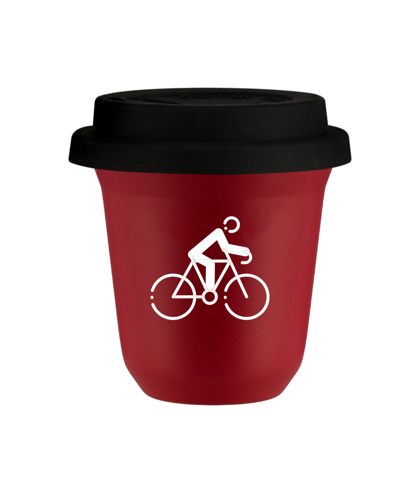Tasse 240 ml ROUGE "Cyclisme 3 (blanc)", avec couvercle noir