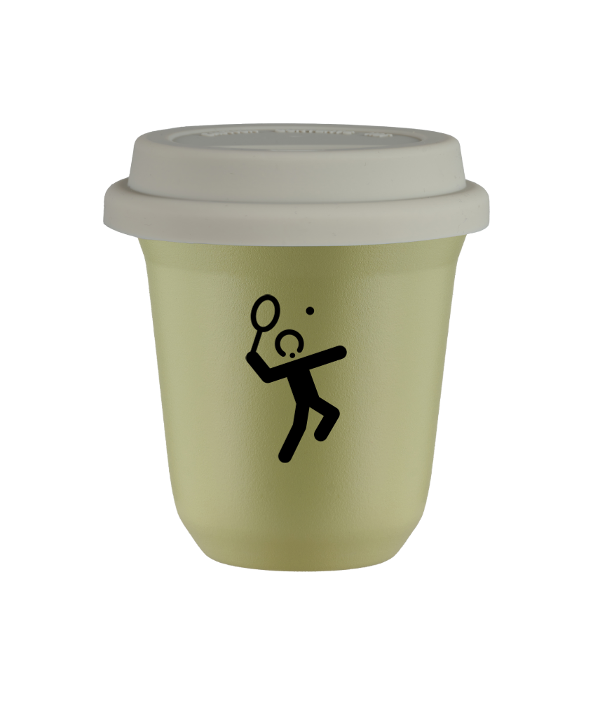 Tasse 240 ml PISTACHE "Tennis 2 (noir)", avec couvercle blanc