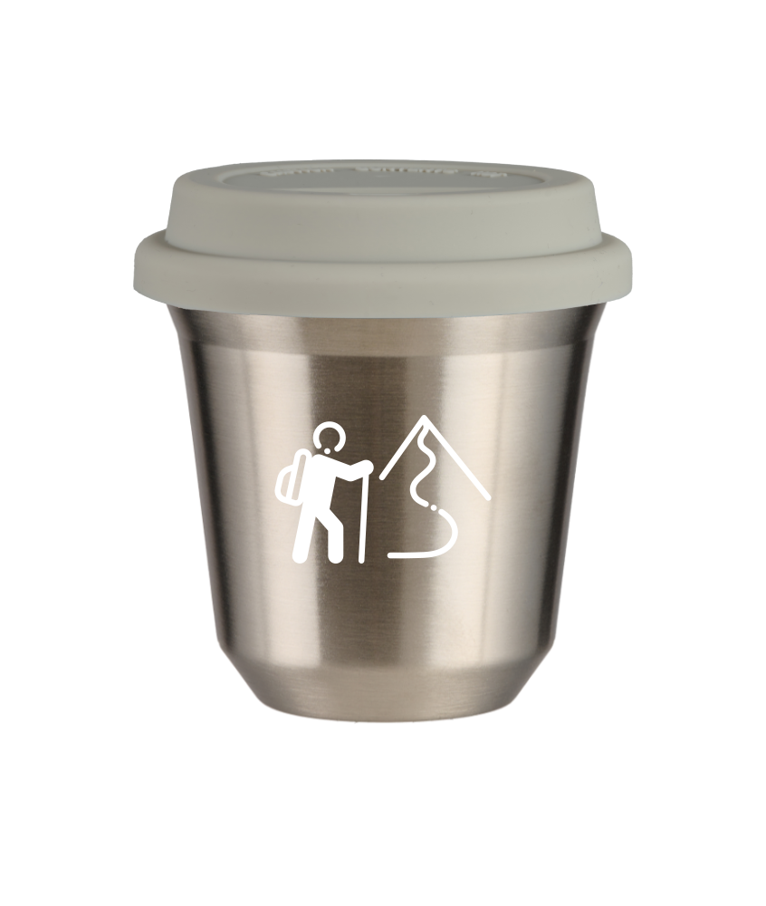 Tasse 80 ml ARGENT "Escalade 2 (blanc)", avec couvercle blanc