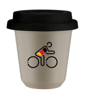 Tasse 240 ml BEIGE "Cycliste aux couleurs allemandes", avec couvercle noir Tasse 240 ml BEIGE "Cycliste aux couleurs allemandes", avec couvercle noir