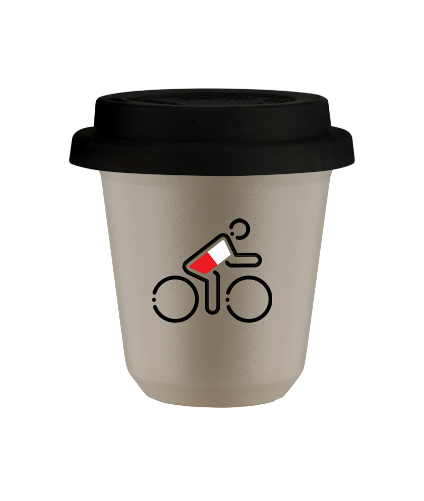 Tasse 240 ml BEIGE "Cycliste aux couleurs polonaises", avec couvercle noir