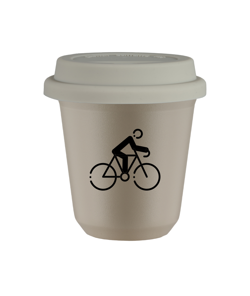 Tasse 240 ml BEIGE "Cyclisme 3", avec couvercle blanc