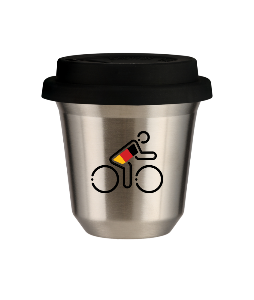 Tasse 80 ml ARGENT "Cycliste aux couleurs allemandes (noir)", avec couvercle noir