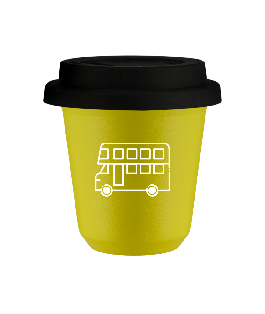 Tasse 240 ml JAUNE "Bus (blanc)", avec couvercle noir Tasse 240 ml JAUNE "Bus (blanc)", avec couvercle noir