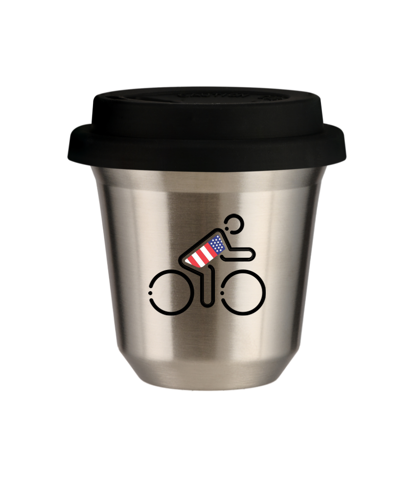 Tasse 80 ml ARGENT "Cycliste aux couleurs britanniques (noir)", avec couvercle noir