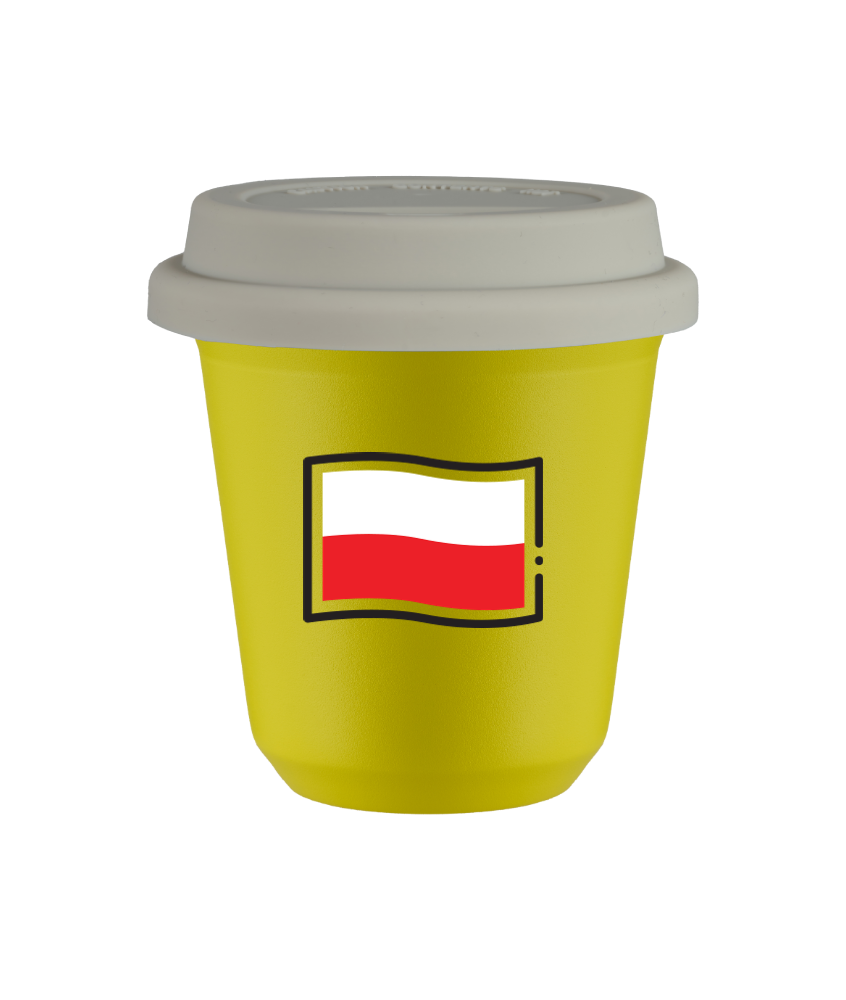 Tasse 240 ml JAUNE "Drapeau polonais", avec couvercle blanc Tasse 240 ml JAUNE "Drapeau polonais", avec couvercle blanc