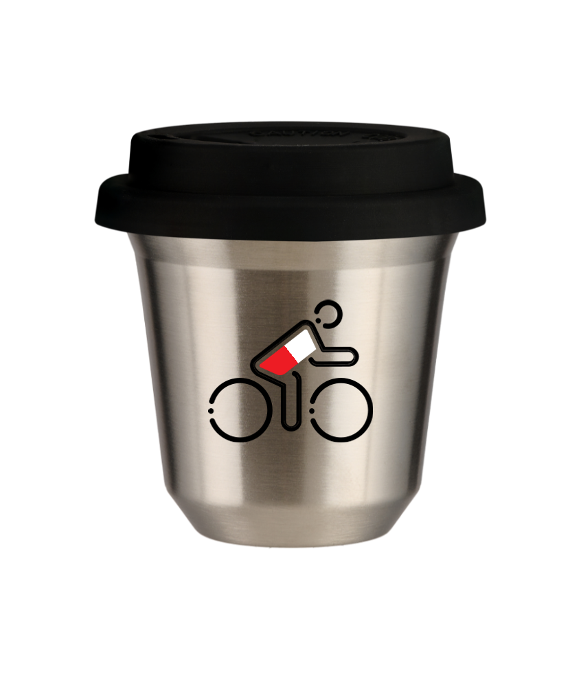 Tasse 80 ml ARGENT "Cycliste aux couleurs polonaises", avec couvercle noir