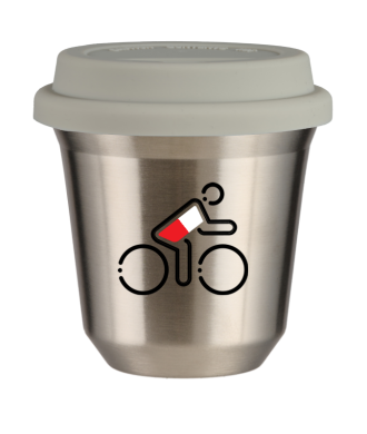 Tasse 80 ml ARGENT "Cycliste aux couleurs polonaises", avec couvercle blanc Tasse 80 ml ARGENT "Cycliste aux couleurs polonaises", avec couvercle blanc