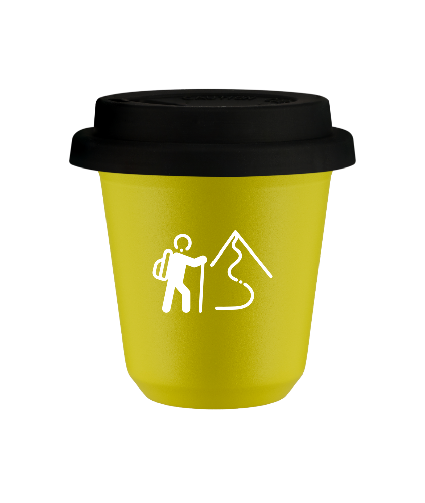 Tasse 240 ml JAUNE "Escalade 2 (blanc)", avec couvercle noir Tasse 240 ml JAUNE "Escalade 2 (blanc)", avec couvercle noir