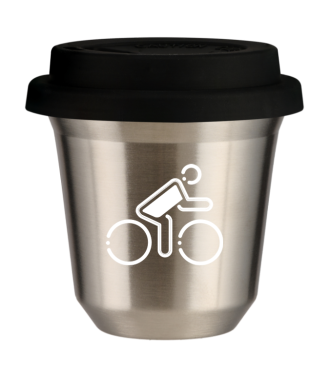 Tasse 80 ml ARGENT "Cycliste aux couleurs polonaises (blanc)", avec couvercle noir Tasse 80 ml ARGENT "Cycliste aux couleurs polonaises (blanc)", avec couvercle noir