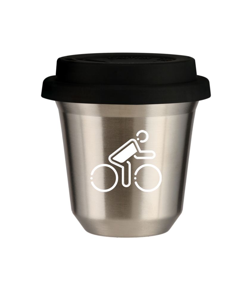 Tasse 80 ml ARGENT "Cycliste aux couleurs polonaises (blanc)", avec couvercle noir