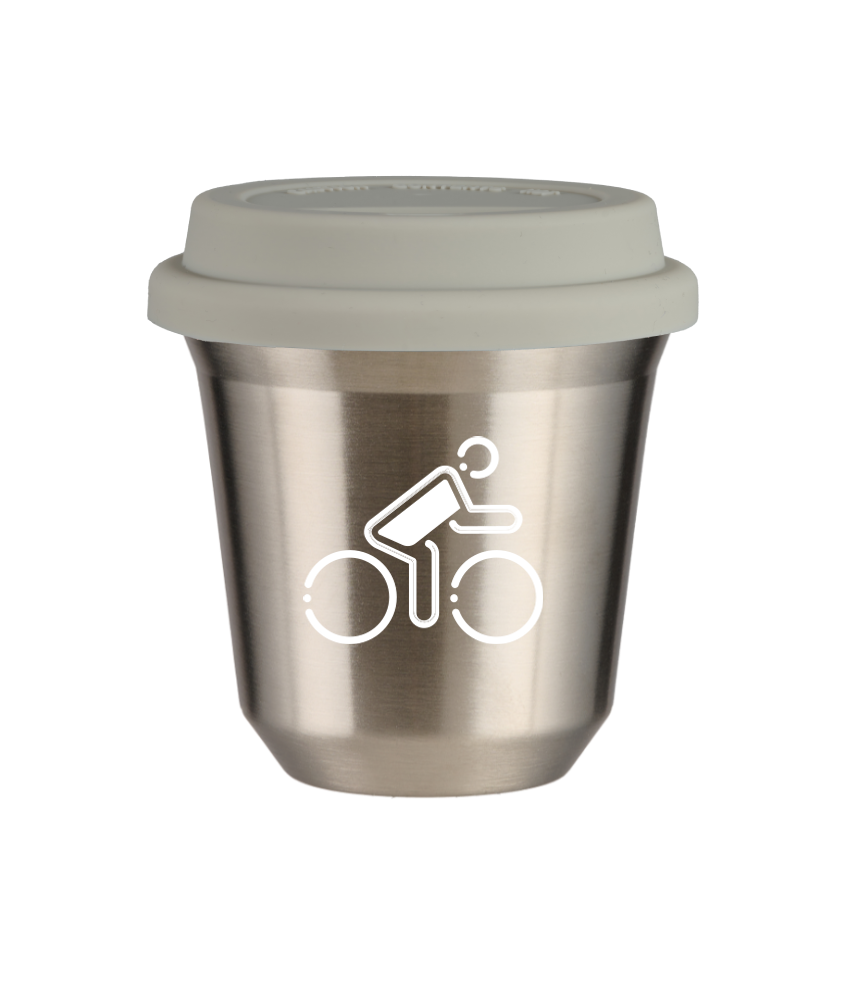 Tasse 80 ml ARGENT "Cycliste aux couleurs polonaises (blanc)", avec couvercle blanc