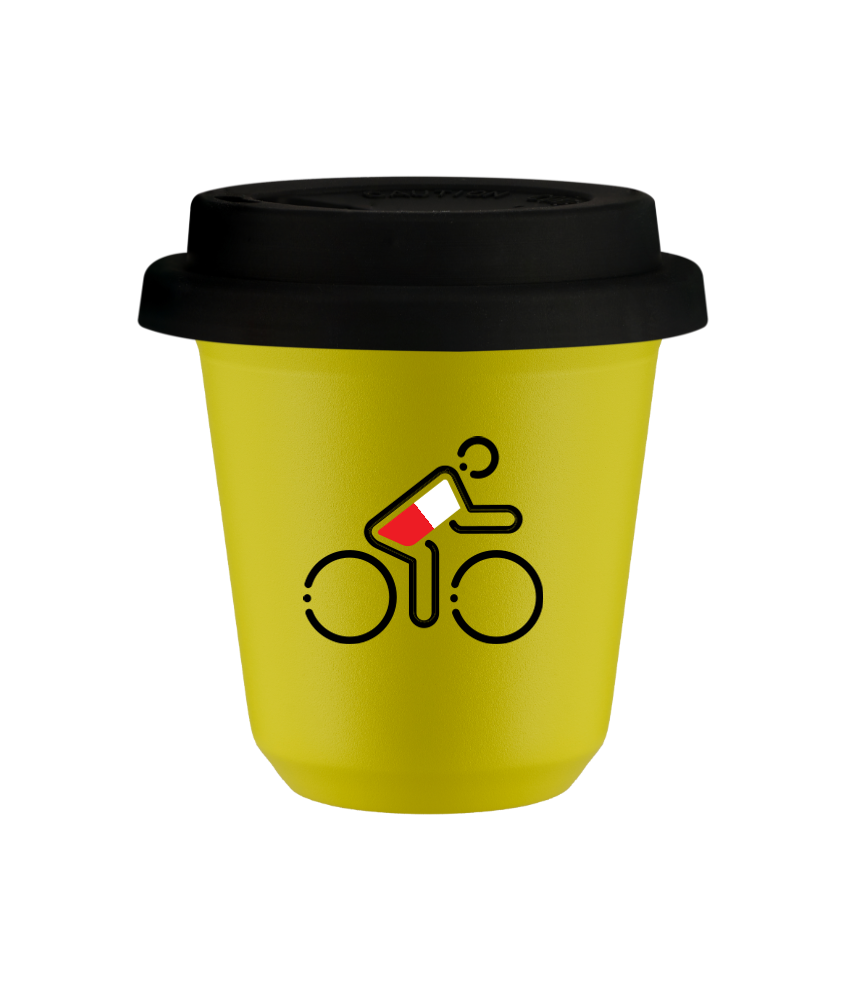 Tasse 240 ml JAUNE "Cycliste aux couleurs polonaises (noir)", avec couvercle noir