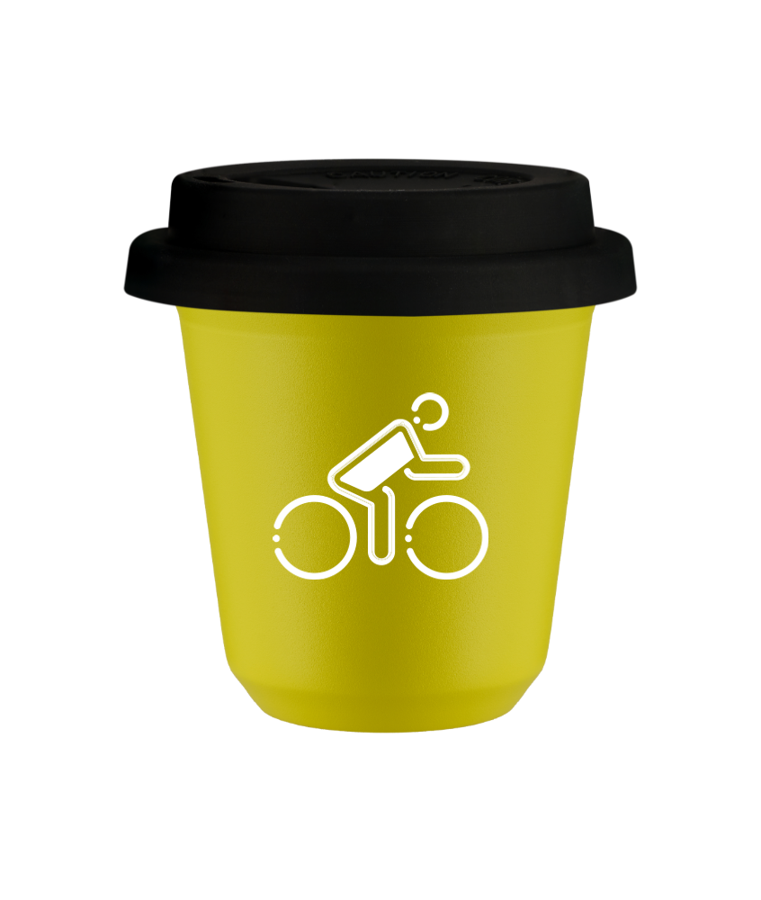 Tasse 240 ml JAUNE "Cycliste aux couleurs polonaises (blanc)", avec couvercle noir Tasse 240 ml JAUNE "Cycliste aux couleurs polonaises (blanc)", avec couvercle noir