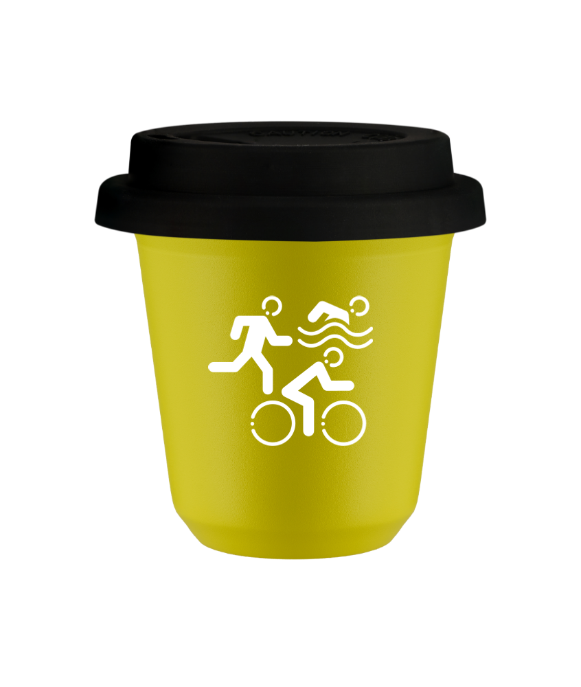 Tasse 240 ml JAUNE "Sports (blanc)", avec couvercle noir