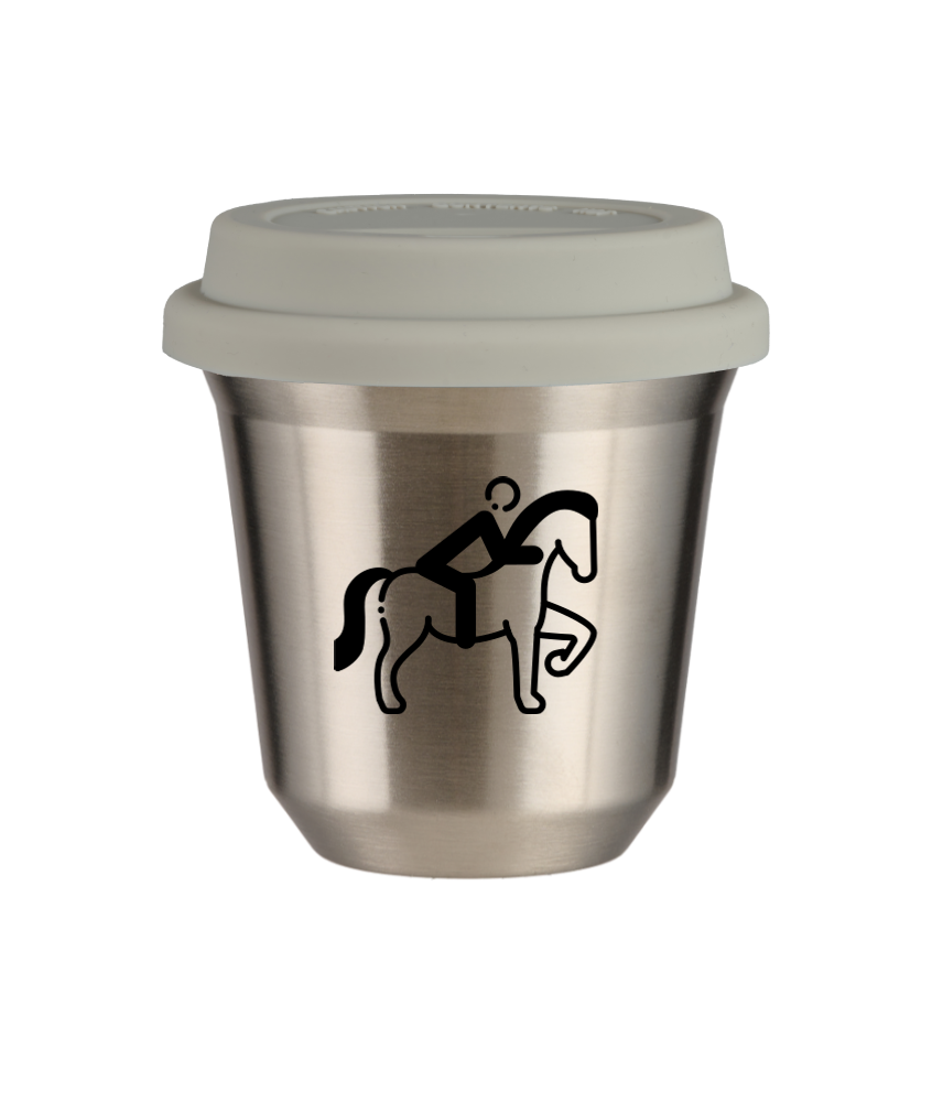 Tasse 80 ml ARGENT "Équitation 2", avec couvercle blanc