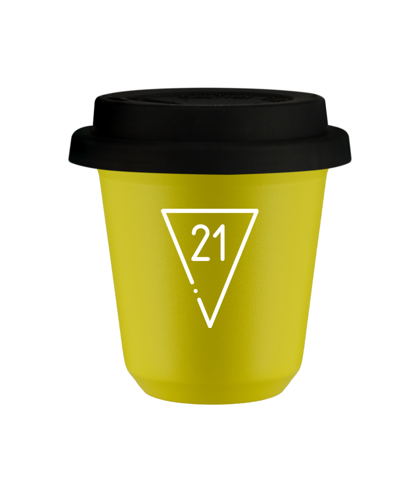 Tasse 240 ml JAUNE "21 (blanc)", avec couvercle noir Tasse 240 ml JAUNE "21 (blanc)", avec couvercle noir