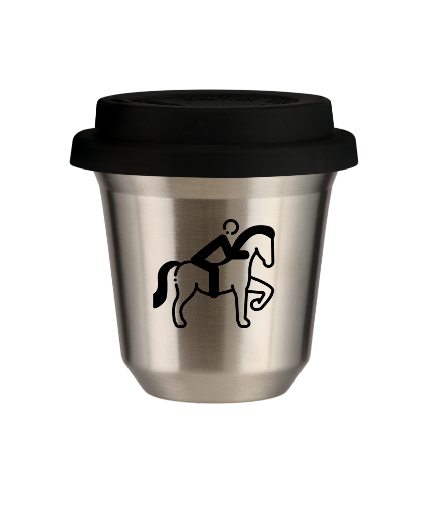 Tasse 80 ml ARGENT "Équitation 2 (noir)", avec couvercle noir