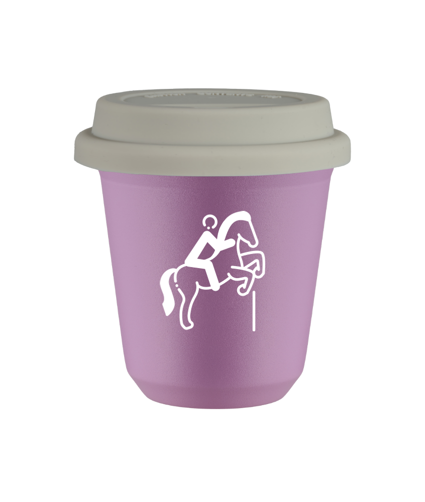 Tasse 240 ml LILAS "Équitation 1 (blanc)", avec couvercle blanc