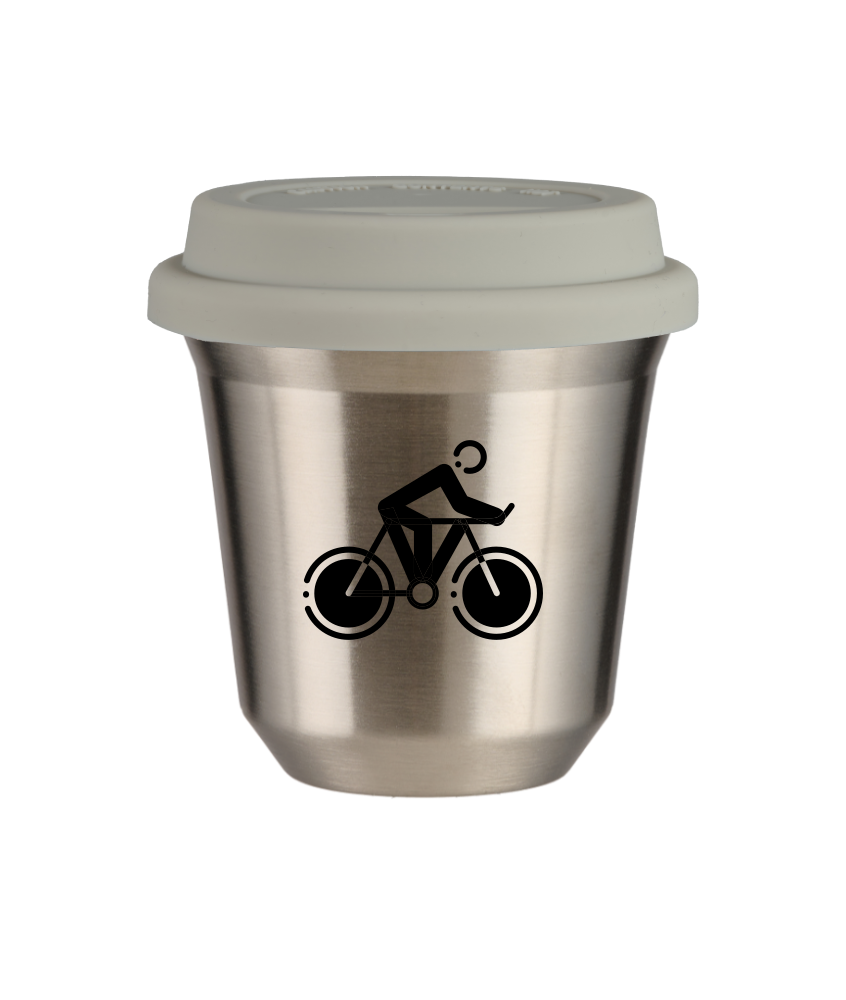Tasse 80 ml ARGENT "Cyclisme 2", avec couvercle blanc