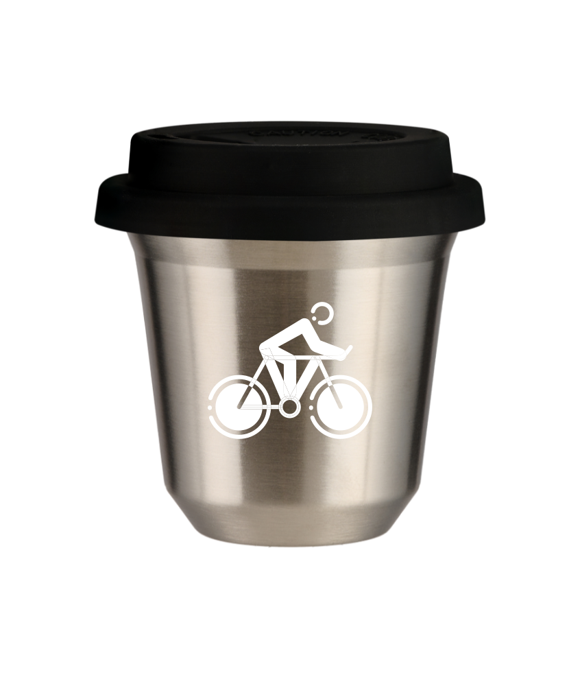 Tasse 80 ml ARGENT "Cyclisme 2 (blanc)", avec couvercle noir