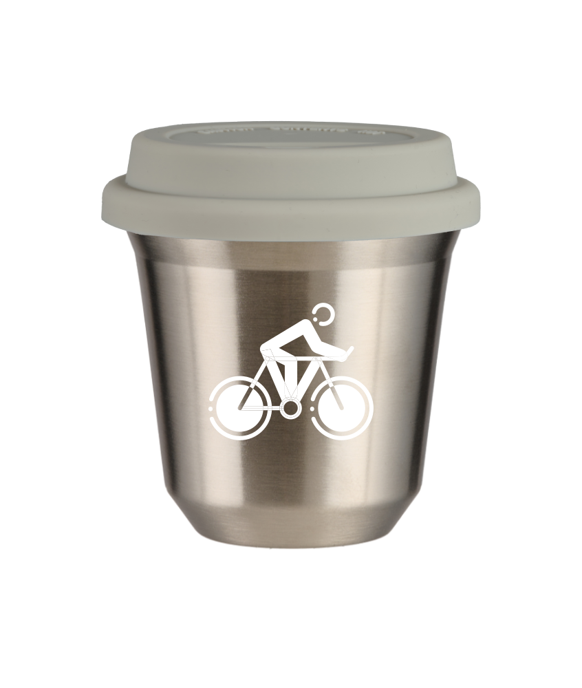 Tasse 80 ml ARGENT "Cyclisme 2 (blanc)", avec couvercle blanc