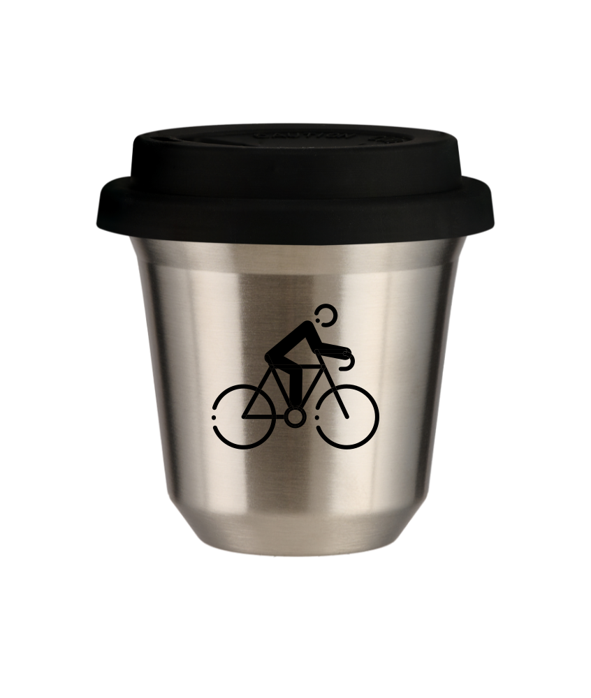 Tasse 80 ml ARGENT "Cyclisme 3", avec couvercle noir