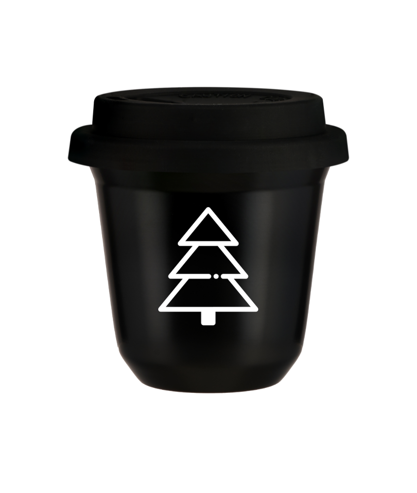 Tasse 80 ml NOIR "Sapin de Noël (blanc)", avec couvercle noir