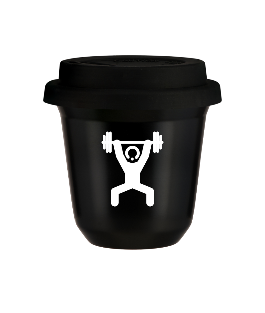 Tasse 80 ml NOIR "Homme fort 1 (blanc)", avec couvercle noir Tasse 80 ml NOIR "Homme fort 1 (blanc)", avec couvercle noir