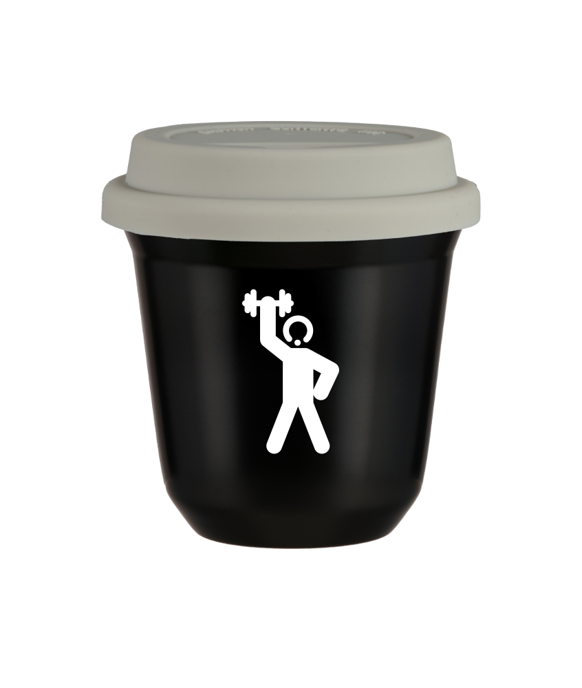 Tasse 80 ml NOIR "Homme fort 2 (blanc)", avec couvercle blanc Tasse 80 ml NOIR "Homme fort 2 (blanc)", avec couvercle blanc