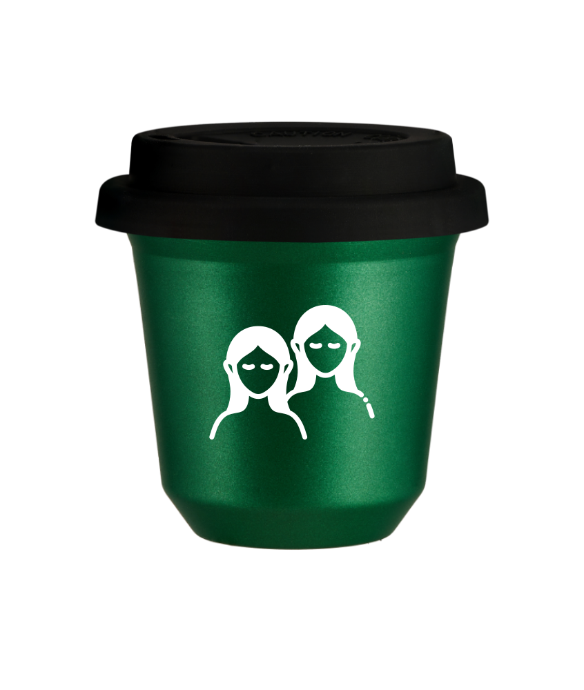 Tasse 80 ml VERT MÉTALLIQUE "Gémeaux (blanc)", avec couvercle noir