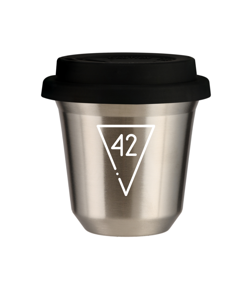 Tasse 80 ml ARGENT "42 (blanc)", avec couvercle noir