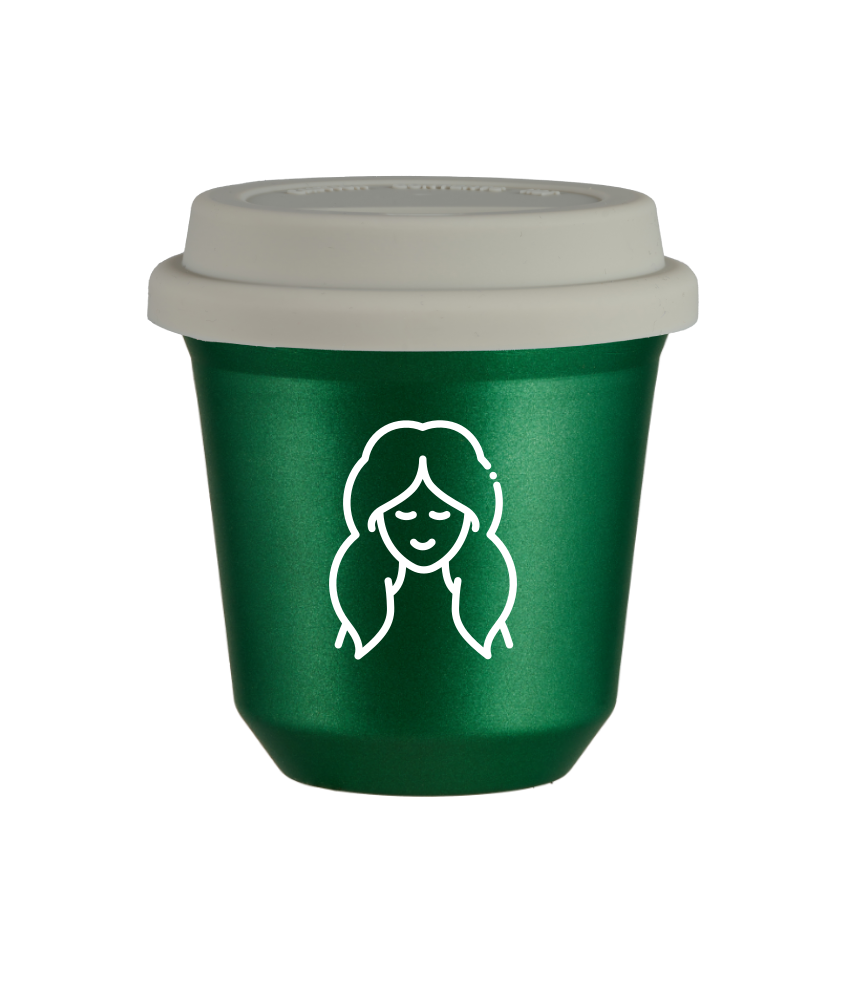 Tasse 80 ml VERT MÉTALLIQUE "Vierge (blanc)", avec couvercle blanc Tasse 80 ml VERT MÉTALLIQUE "Vierge (blanc)", avec couvercle blanc