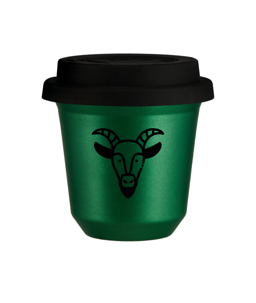 Tasse 80 ml VERT MÉTALLIQUE "Capricorne (noir)", avec couvercle noir