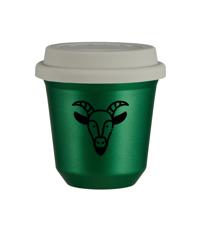Tasse 80 ml VERT MÉTALLIQUE "Capricorne (noir)", avec couvercle blanc Tasse 80 ml VERT MÉTALLIQUE "Capricorne (noir)", avec couvercle blanc