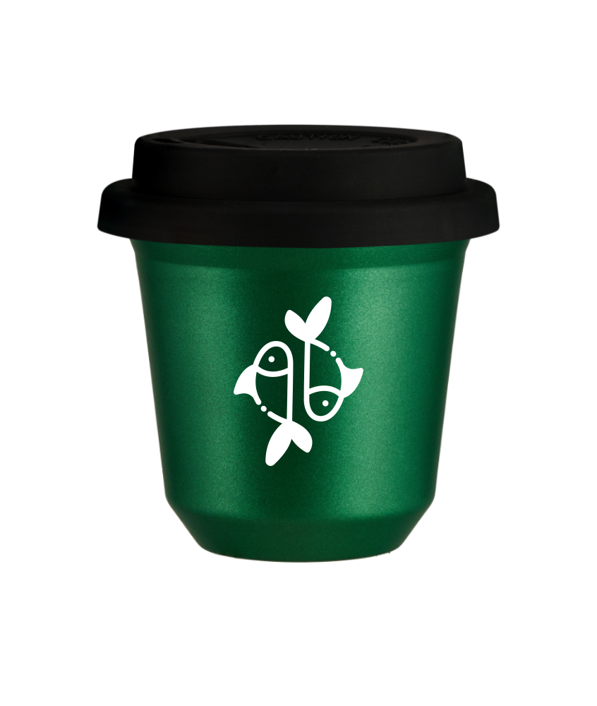 Tasse 80 ml VERT MÉTALLIQUE "Poissons (blanc)", avec couvercle noir Tasse 80 ml VERT MÉTALLIQUE "Poissons (blanc)", avec couvercle noir